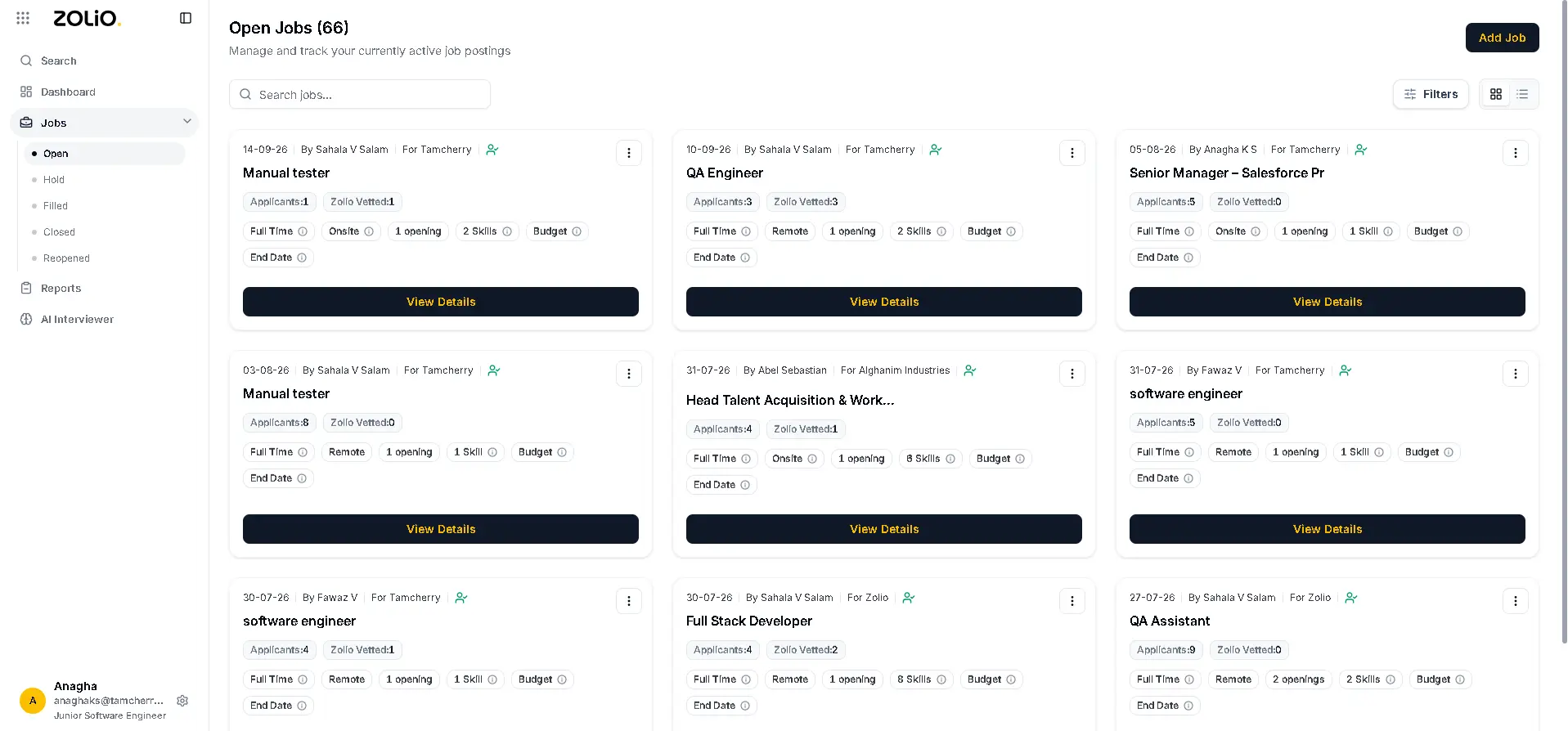 Screenshot of the Zolio Hire open jobs dashboard, showing active job postings with applicant and skills counts.